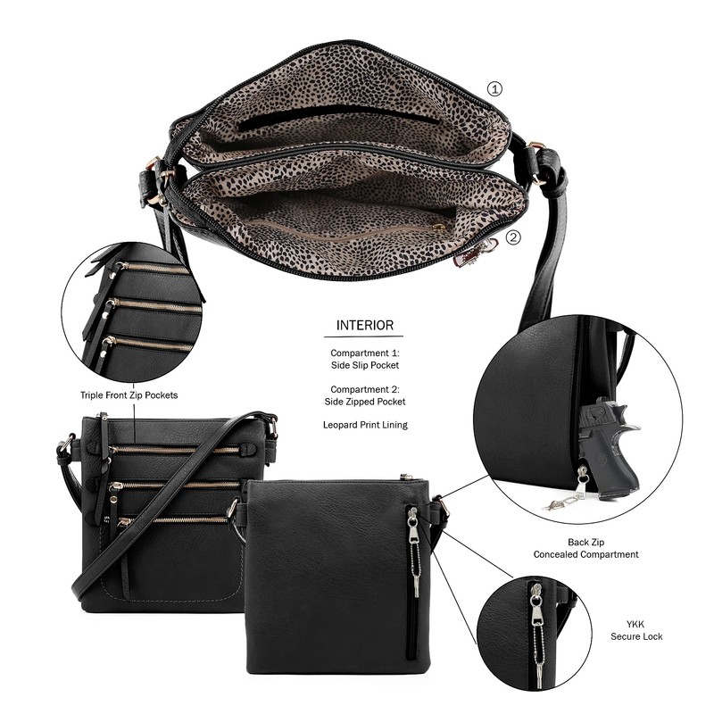 Double Compartment Multi-Zipper Triple Zip Pockets Concealed Carry Crossbody Bag