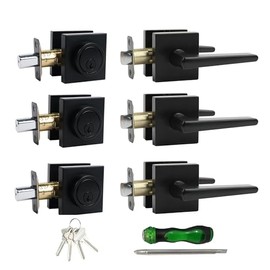 Front Door Handle and Deadbolt Set,Heavy Duty Entry Door Handle with Single Cylinder Deadbolt,Square Locking Lever Set for Left or Right Sided,Exterior Door Lock Set with Deadbolt, Matte Black 3Pack.