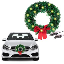 Vaygway Car Christmas Wreath with Red Bow-12 Volt White LED Lights Plug in Festival Decoration, 2 Suction Cup, 4 Color Tie Wrap for Car Décor, Front Door, Garden, Home- Mounts to Front Grille