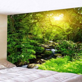 Pknoclan Tapestry Forest Stream Trees Large Wall Hanging Nature 92.5 x 70.9 inches (235 x 180 cm) Cloth Poster Fresh Green Trees Room Window Decor Living Room Bedroom Shop Unique Gift