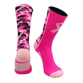 MadSportsStuff Pink Ribbon Awareness Camo Crew Socks (Neon Pink/Pale Pink, X-Large)