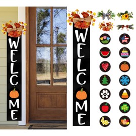 Whaline Seasonal Interchangeable Welcome Sign for Front Porch Standing 47 x 7.9 Inch Wood Door Signs with 14 Signs & 4Pcs Wreaths for Seasonal Farmhouse Home Party