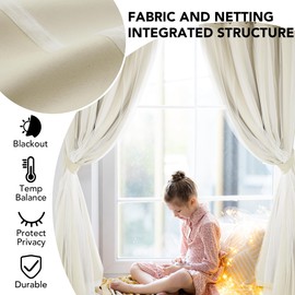Deconovo Sheer Layered Blackout Curtains 84 Inches Long, Double Layer Thermal Insulated Curtains for Bedroom, 2 Tie Backs, Grommet Room Darkening Window Drapes, Light Beige, 52x84 Inch, 2 Panels