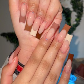 MISUD Press on Nails - Long Square Glue on Nails with Fall Brown, Acrylic Autumn French Tip Design 24 pcs