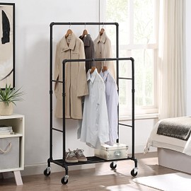 SunnyPoint Industrial Loft Style Rolling Garment Rack - Rolling Clothes Organizer (Double Rack)