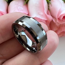 TUTISS 8mm Gunmetal Tungsten Rings for Men Women Fashion Engagement Wedding Bands Matte Polished Finish Beveled Edges Comfort Fit Size 7