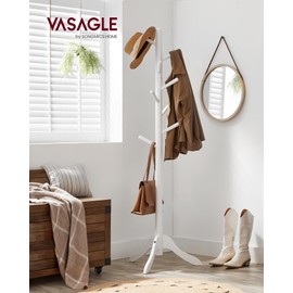 VASAGLE Solid Wood Coat Rack, Free Standing Tree-Shaped Coat Rack with 8 Hooks, 3 Height Options, for Clothes, Hats, Bags, Living Room, Bedroom, Home Office, Cloud White URCR01WT