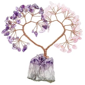 mookaitedecor Love Heart Crystal Stone Tree with Natural Amethyst Grape Base Happy Silver Tree for Home Decoration Wedding Ornament, Amethyst Stone & Rose Quartz Stone