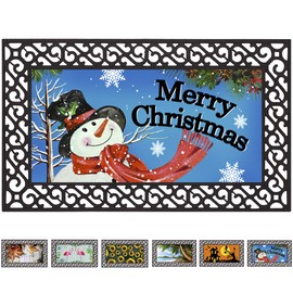 Rubber Welcome Door Mat, Decorative Indoor Outdoor Christmas Doormat Non Slip Front Door Mat, Easy to Clean Low Profile Mat for Entry Patio Garage High Traffic Areas, 17.7" x 29.5" (Christmas Doormat)