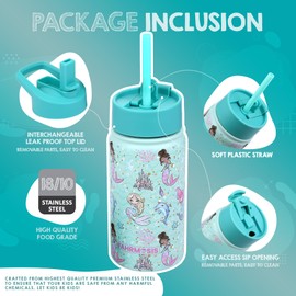 FAHRMOSIS 14 oz Kids Water Bottle | Insulated Water Bottle with Straw & 2 Lids | Reusable Double Insulated Water Bottle - Leakproof Kids Water Bottle for School & Outdoor Activities - Teal (Mermaid)