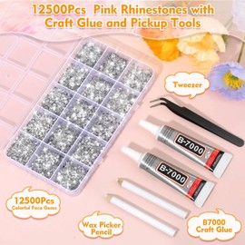 B-7000 Glue with 14000Pcs Craft Rhinestones for Clothes, Resin Silver Rhinestones Flatback Gems NonHotfix Rhinestone Bling Kit with Fabric Super Glue for Graduation Cap, Shoes, Tumblers, Makeup