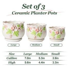 Crotlehg Ceramic Plant Pots, Round Flower Pots for Indoor Plants,3.9+5.1+6.7 Inch Flower Planters with Drainage Holes and Saucer,Set of 3,Home Decor