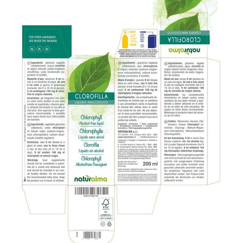 Chlorophyll Naturalma Alcohol-Free Liquid 200 ml Dietary Supplement Vegan and