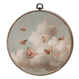 EGVQK Vintage Whimsical Clouds Butterfly Round Wall Art, Nature Cottagecore Moth Framed Canvas Prints Wall Art, Retro Butterfly Round Canvas Hanging Walls Decor for Home Bedroom Decorations, 10x10in