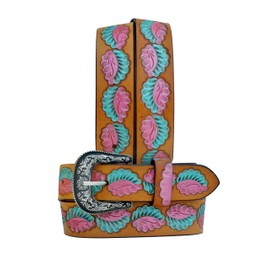 Affilare Kids Western Belt Tooled Pink and Teal Leaf Hand Finished Leather Belt For Kids, Girls and Women Belt 40AB001-26