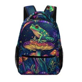 GNEW Funny Frog Sit on Mushroom Backpack for Teens Boys Girls, Green Frog Backpack, Pink Purple Forest Mushroom Bookbag, Water Resistant Travel Laptop Backpack, 16.5 Inch