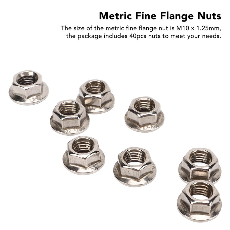 40pcs M10x1.25mm Hxagonal Flange Nuts Stainless Steel Rust Resistant Fine