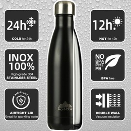 Mont-Clair Stainless Steel Water Bottle, Vacuum Insulated + BPA Free, 12h Hot & 24h Cold Drinks Bottle, Metal Water Bottle 1L Leakproof, Ideal for Adult, Kids, Running - Black