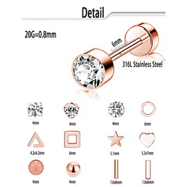 Ofeiyaa 12 Pairs Stainless Steel Earrings Stud Geometric Earrings Set Star Moon Ball Triangle Heart Clear CZ Stud for Women Rose Gold Tone
