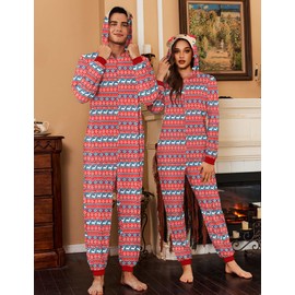 Ekouaer Christmas Matching Onesie for Couples Elk Antler Hooded Zipper Long Sleeve Pajamas with Pockets Elk red L