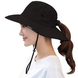 Women's Summer Sun Hat Wide Brim UV UPF50 Protection Hats Foldable Packable Ponytail Bucket Cap for Safari Beach Fishing Gardening Black