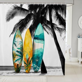 Castle Fairy Surfboard Shower Curtain - Tropical Coconut Tree Hawaiian Ocean Beach Barn Door Waterproof Curtain for Kids Adult Room Decor Sea Surfing Sports Bath Curtain, Blue White