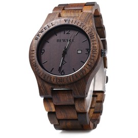 BEWELL ZS-W086B Mens Wooden Watch Lightweight Calendar Analog Quartz Movement Wristwatches, Ebony Wood Dial (FBA)