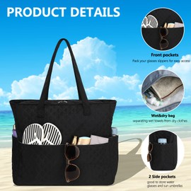 LEDAOU Large Beach Bag with Zip Women's Waterproof Shoulder Bag Tote Bag Shopper Sandproof with Zip Pool Fitness Travel Bag Family, black, Contemporary