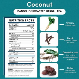 Teeccino Dandelion Coconut Tea - 10 Tea Bags - Caffeine Free, Roasted Herbal Tea with Prebiotics, 3x More Herbs than Regular Tea Bags, Gluten Free