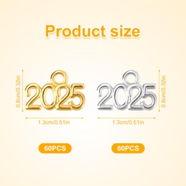 120pcs 2025 Year Charms, 0.51x0.32 Inch Mini 2025 Signet Charms Zinc Alloy 2025 Pendant Graduation Tassel Charms for DIY New Year Gifts Crafts Necklace Bracelet Jewelry Making (Gold, Silver)
