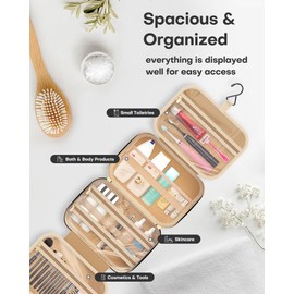 HOTOR Travel Toiletry Bag for Women & Men, Waterproof Makeup Bag with Hanging Hook and Multiple Pockets, Cosmetic Bags for Women, Travel Essentials, 11.2'' x 3.2'' x 8.9'', Rosewood-Pink