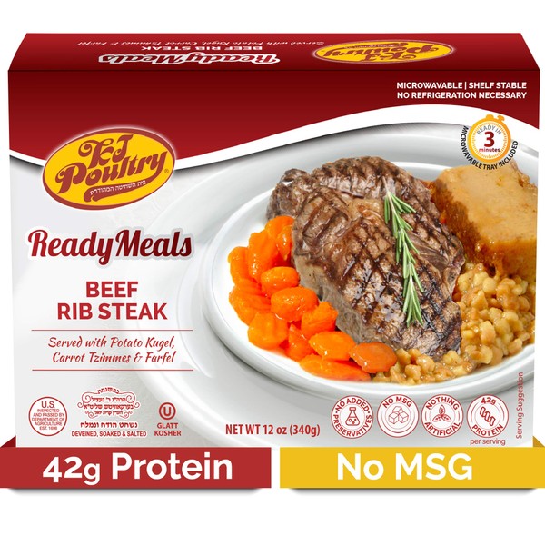 Kosher Beef Rib Steak & Kugel, MRE Meat Meals Ready to Eat, Shabbos Food (1 Pack) Prepared Entree Fully Cooked, Shelf Stable Microwave Dinner – Travel, Military, Camping, Emergency Survival