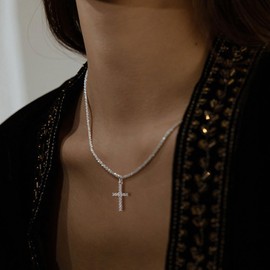 Voduim Silver Cross Necklace, 14K White Gold Plated Shinning Cross Dainty Necklace Women 16.5+2 inch…