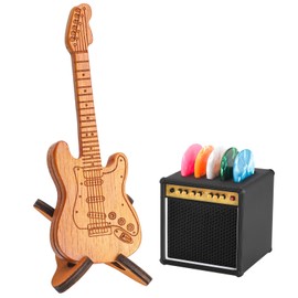 HETOETF Guitar Picks Holder Box, Amp Speaker Pick Holder and Wooden Guitar Pick Holder with Stand, Guitar Pick Storage Box Set with 5 Celluloid Guitar Picks, for Guitar, Bass, Ukulele Players