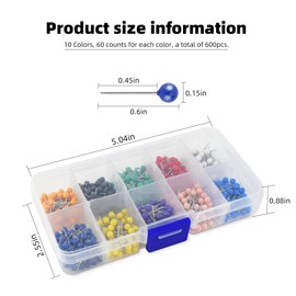 600 Pieces Push Pins Map Pins with Colored Head Map Tacks with Point Assorted Colors Stainless Steel Small Round Head Marking Pins for Bulletin Cork Board Fabric Craft DIY Office Home (10 Colors)