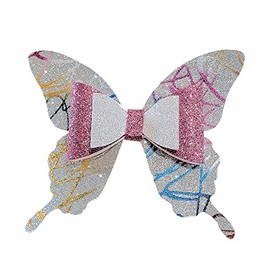 Glitter Butterfly Silver & Pink Hair Bow Barrette - Faux Leather - 4 1/2 inches long