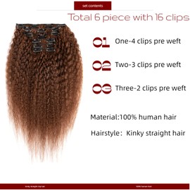 24 Inch Brown Kinky Straight Clip in Hair Extensions Real Human Hair for Black Women Full Head 8A Brazilian Real Hair Yaki Human Hair Clip ins Natural Color 6 pcs 16 clips