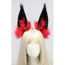 QHQ-SHININGLIFI Furry Red Fox Ears Headband, Handmade Sharp Long Animal Ears, Exquisite Realistic Plush Headwear, for Alastor Devil Costume Cosplay Party Supplies Accessories, Black + Red; SR-R