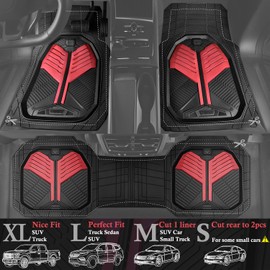 CAR PASS Heavy Duty Rubber Car Mats, Deep-Dish Car Floor Mats All Weather, Universal Two-Tone Trim-to-Fit for SUVs Trucks Sedans, Waterproof Anti-Slip, 3 Pieces V12 Black and Metallic Red