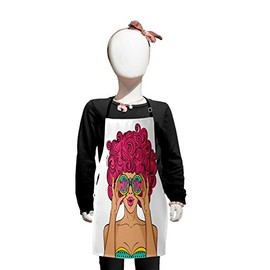 Lunarable Curly Hair Apron, Wow Face Funky Woman with Funny Glasses Comic Hippie Fashion Cartoon Print, Small Apron Bib with Adjustable Ties for Baking Painting, Small Size, Multicolor