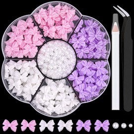 1 Box 3D Bow Charms and Flatback Pearls Set 8, 120 Pcs Cute Bow Charms in 3 Colors for Design + 2-4mm White Nail Pearls with Pickup Tweezer and Pencil for Art Decoration