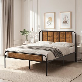 VECELO Queen Platform Bed Frame with Headboard,Heavy Duty Sturdy Steel Slats Support/Matress Foudation/No Box Spring Needed(Metal&Wooden)