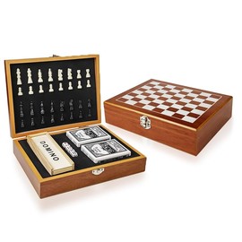 LuxoriaHaus Chess Set 3 in 1, 9.5" Foldable Wooden Chess for Travel, Board Games Set for Kids and Adults, Chess, Dominos, Cards Set