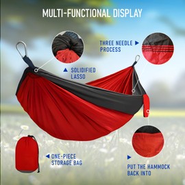Portable Hammock and Travel Lightweight Backpacking Hammock Swing with Stainless Steel Clip and Tree Straps for Camping Hiking Backyard Lounging Outdoor Hammock (Red+Black)