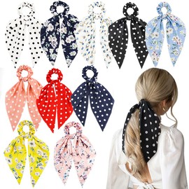 NAIHOD 10Pcs Hair Scarf Scrunchies for Girls Floral Chiffon Hair Ribbon Hair Bandana Hair Ties Polka Dots Hair Scarf Hair Scrunchie for Women Girls Teenage Elastic Hair Rope with Bowknot Ponytail Holder