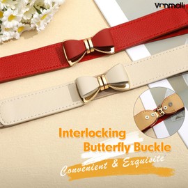 VONMELLI Elastic Skinny Belt for Women Dresses Stretch Thin Black Belt Waist Ladies Belt with Bow Buckle Beige Fit Waist Size 32" to 40"