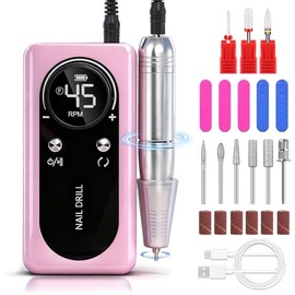 Drill para Uñas Profesional 45000 RPM, Juego de esmeril para uñas multifuncional, Nail drill Eléctrica Recargable, 9 cabezales de pulido, 6 bandas de lijado y 5 limas de uñas, Manicura en casa y salón