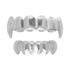 24K Plated Gold Grillz Vampire Fangs Caps Top And Bottom Grill Set Mouth Teeth For Son Gift + Extra Molding Bars + Microfiber Cloth