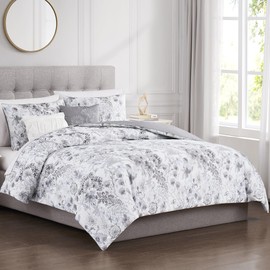 Modern Threads 5-Piece Printed Comforter Set, Giverny King in White Grey Blue – Soft Comforter, 2 Pillow Shams, and 2 Decorative Pillows