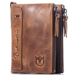 BULLCAPTAIN Genuine Leather Wallet for Men Vintage Bifold with Double Zipper Pockets (Brown)